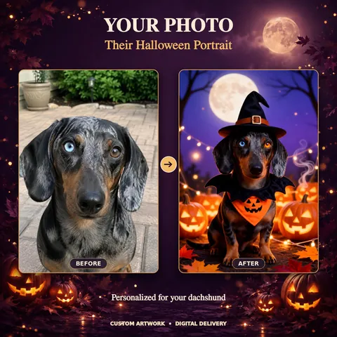 Dachshund reference photo beside a witch-hat portrait