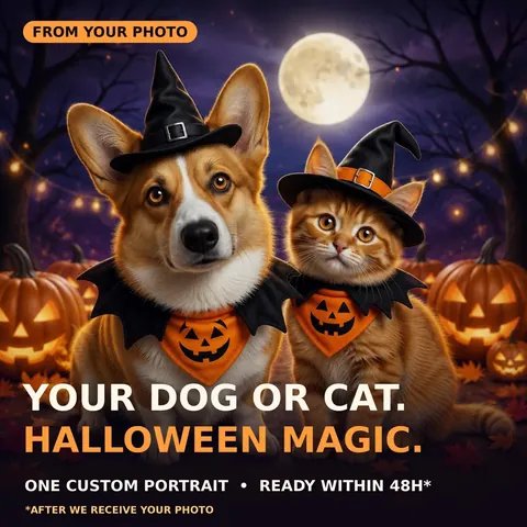 Dog and cat in witch hats with pumpkins under a full moon