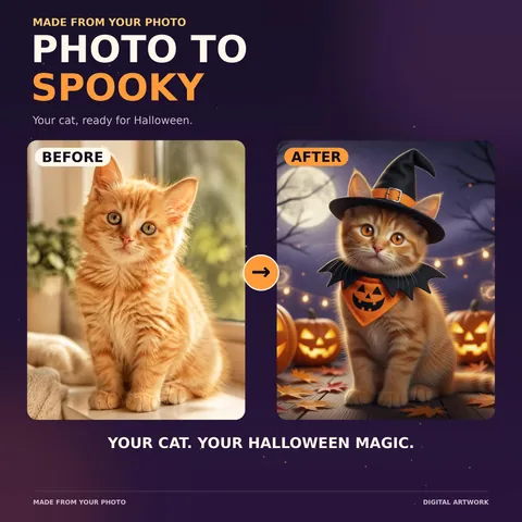 Cat reference photo beside its Halloween scene