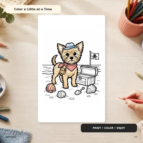 Printable Yorkie coloring page with an adventure scene