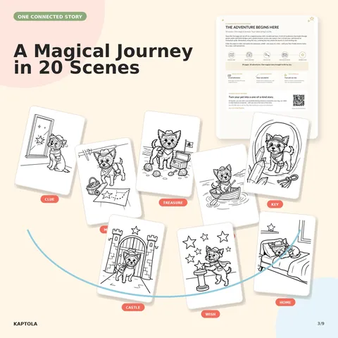 A selection of Yorkie adventure coloring scenes