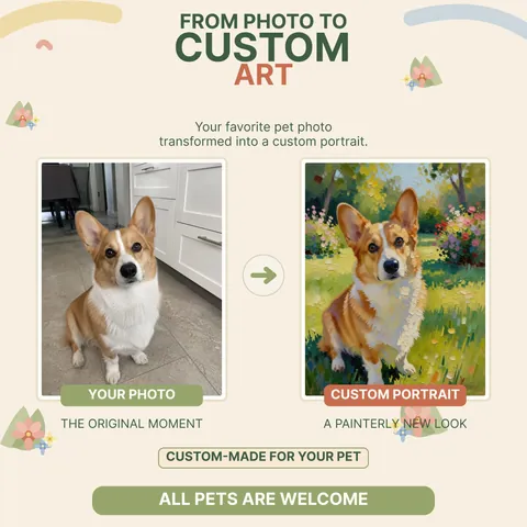 Corgi reference photo beside a painterly garden portrait