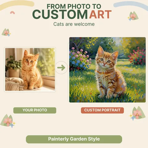 Cat reference photo beside a painterly garden portrait