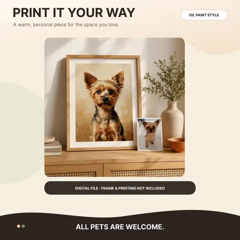 Yorkshire Terrier portrait displayed in a frame on a shelf