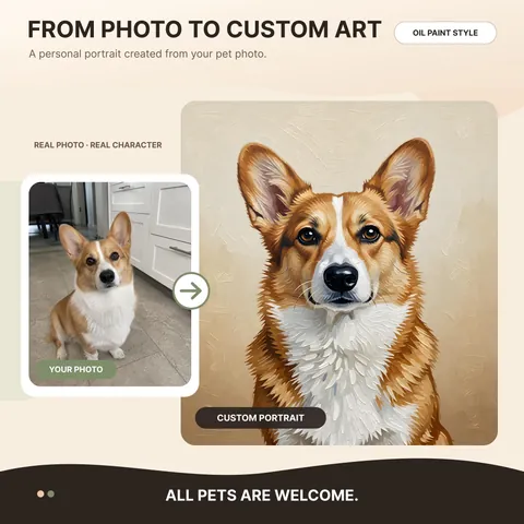 Corgi reference photo beside an oil-style digital portrait